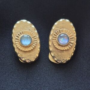 Vintage Textured Gold-tone and Round Faux Opal Cabochon Women's Clip-on Earrings